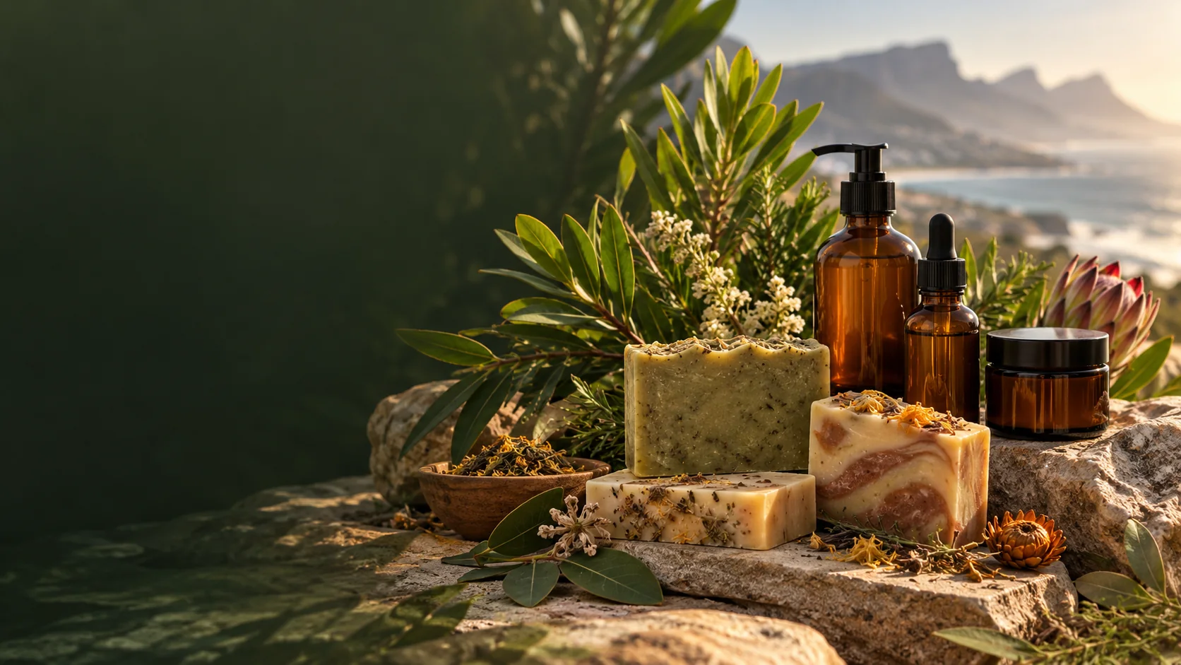 Illustrative botanical skincare bottles and plants