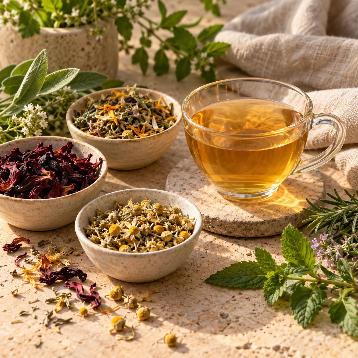 Illustrative cup of herbal tea and dried botanicals